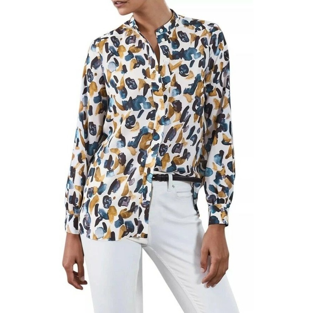Reiss Giselle Blouse Womens Size 8 Multicolor Abstract Print Band Collar Shirt